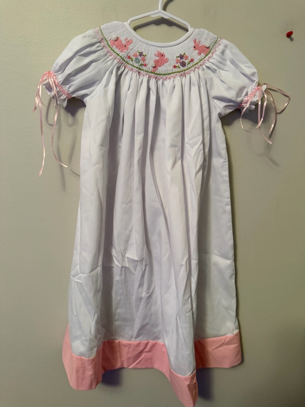 Classic Whimsy White Smocked Dress with Pink Bunny Embroidery